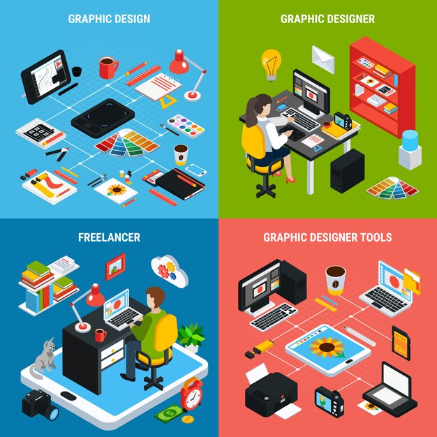 Colorido concepto 2x2 con ilustrador o diseñador de diseño gráfico y varias herramientas para el trabajo 3d isométrico ilustración vectorial aislado