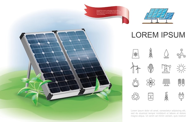 Vector gratuito colorido concepto ecológico de ahorro de energía con paneles solares realistas e iconos lineales de energía plana