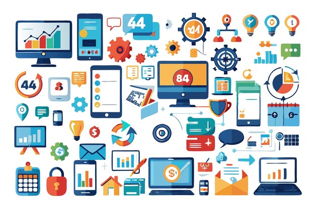 Un colorido conjunto de iconos planos relacionados con los negocios y la tecnología, incluidas las computadoras, los teléfonos inteligentes, las gráficas, los gráficos, los engranajes, las bombillas y más.