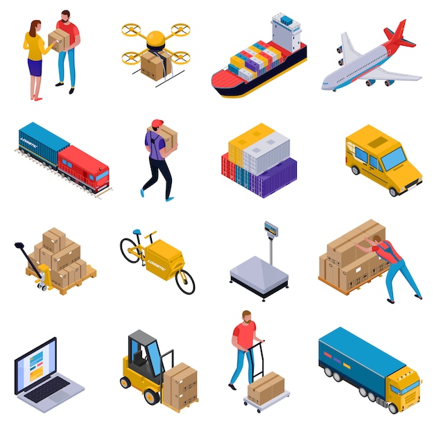 Colorido conjunto isométrico de iconos con cargadores de transporte de entrega y mensajeros en el trabajo aislado en blanco
