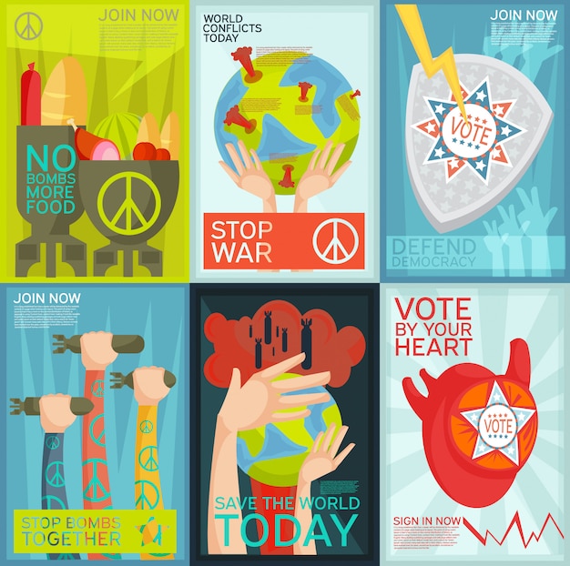 Colorido conjunto plano de carteles de propaganda social y política.