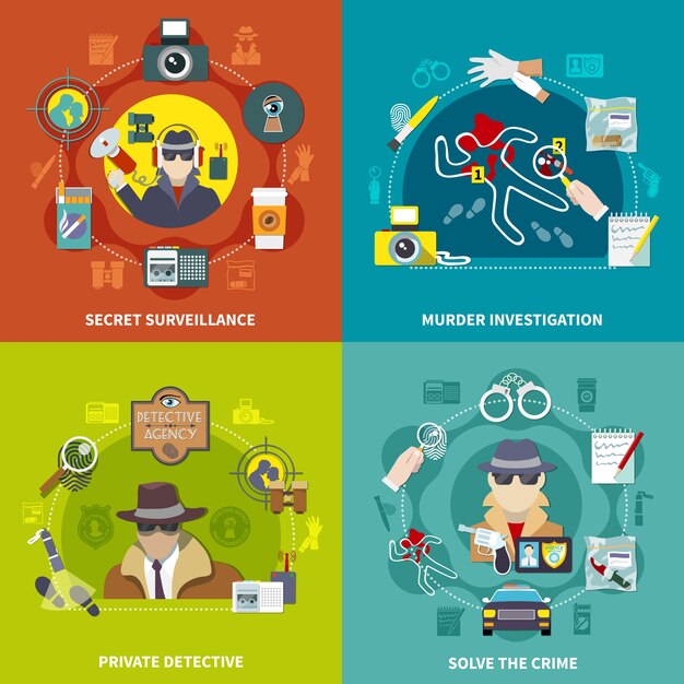 Colorido conjunto plano del concepto de detective de ilustración 2x2 con resolver el crimen detective privado vigilancia secreta e investigación de asesinato
