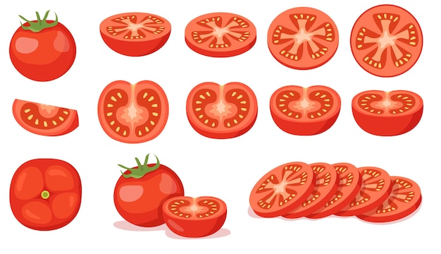 Vector gratuito colorido conjunto de tomates rojos cortados y completos. ilustración de dibujos animados