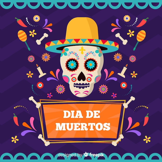 Colorido cráneo con sombrero día de muertos antecedentes