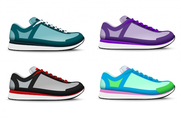 Colorido entrenamiento deportivo de moda correr zapatillas de tenis conjunto realista de 4 zapatillas de pie derecho ilustración aislada
