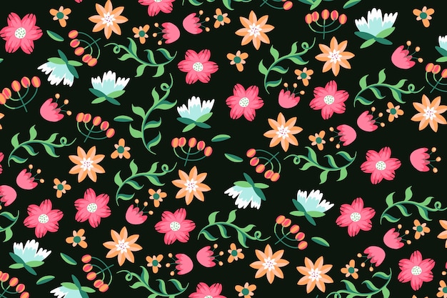 Colorido estampado floral ditsy sobre fondo negro