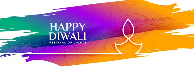 Colorido feliz diwali acuarela banner con línea diya