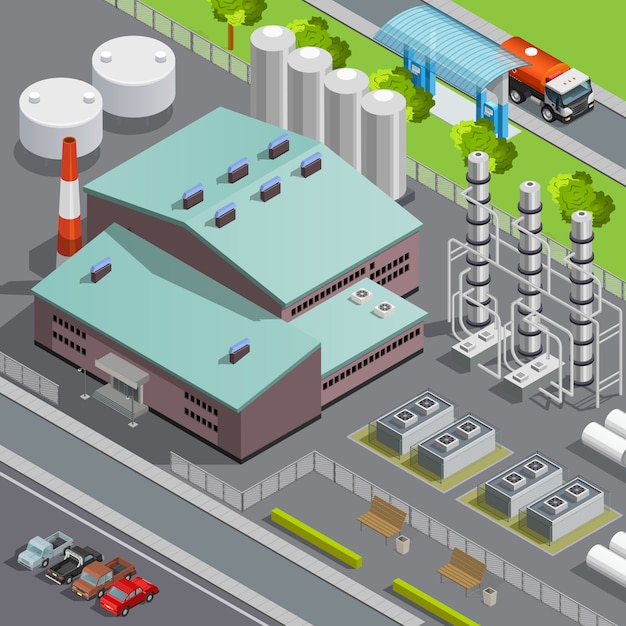 Colorido isométrico refinería de petróleo y transporte composición 3d ilustración vectorial