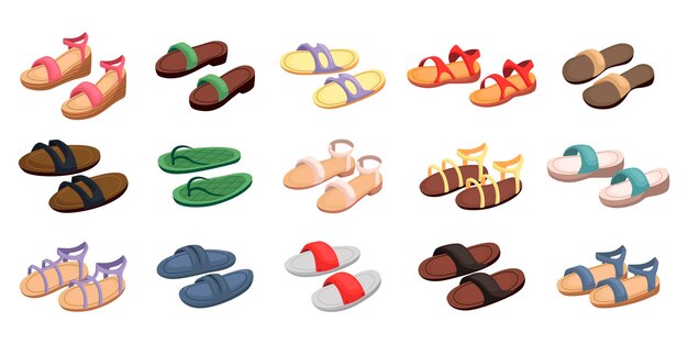 Colorido juego de ilustración de dibujos animados de sandalias de verano. Pares de chanclas masculinas y femeninas, zapatillas de playa para vacaciones o vacaciones en fondo blanco. Calzado, moda, recreación, concepto de zapatos.