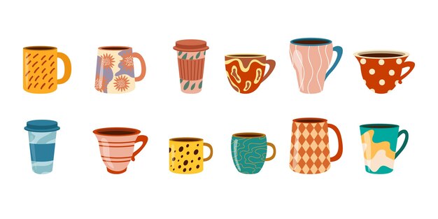 Colorido juego de ilustración de dibujos animados de taza de té y café de porcelana. Tazas de cerámica para matcha, diferentes bebidas y bebidas con lindos patrones escandinavos conjunto de vectores planos. Vajilla, cocina, concepto de cafetería.