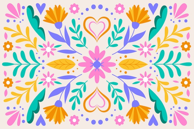 Vector gratuito colorido papel tapiz mexicano con flores y hojas