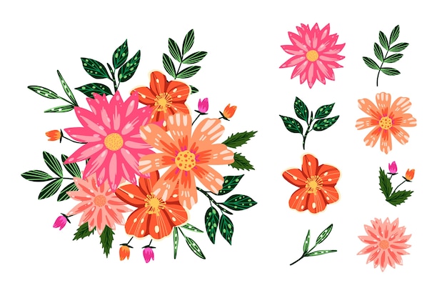 Vector gratuito colorido paquete de 2d bouquet floral