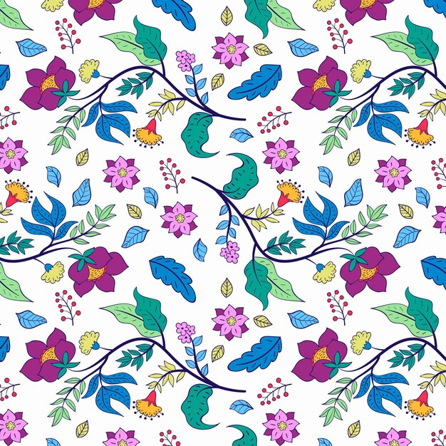 Colorido patrón floral pintado a mano sobre fondo blanco.