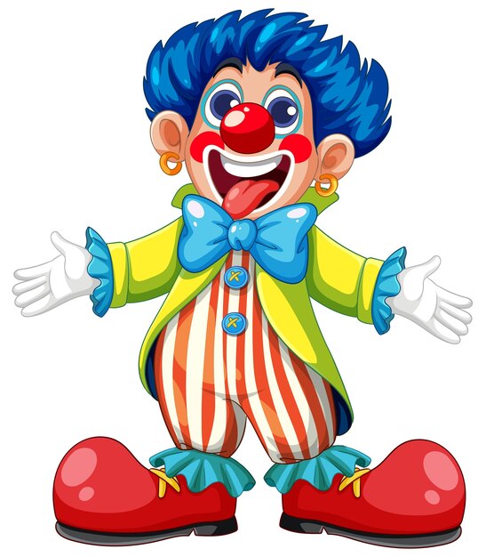 El colorido payaso de dibujos animados con cabello azul y nariz roja