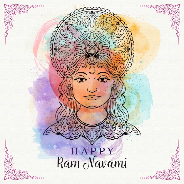 Vector gratuito colorido ram navami con manchas de acuarela