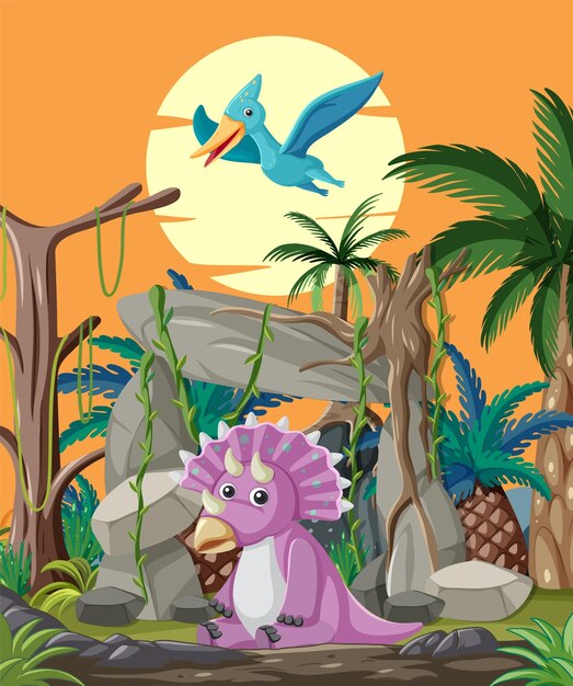 Los coloridos dinosaurios en una jungla prehistórica