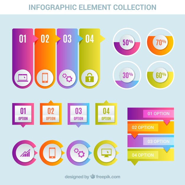 Coloridos elementos de infografía con efecto degradado