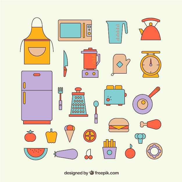 Vector gratuito coloridos iconos de elementos de cocina