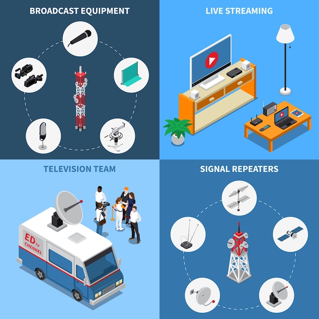 Coloridos iconos de telecomunicaciones isométricos 2x2 con varios equipos de televisión de transmisión