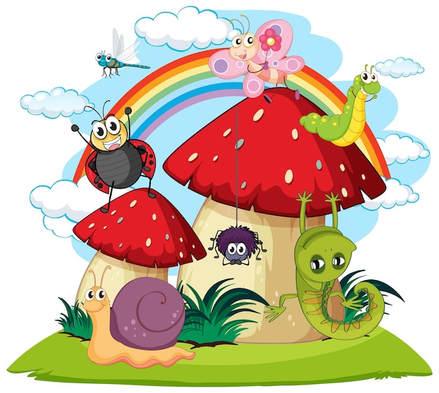 Los coloridos insectos en la colina de los hongos