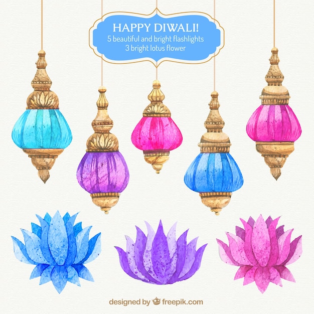 Vector gratuito coloridos lanters diwali acuarela