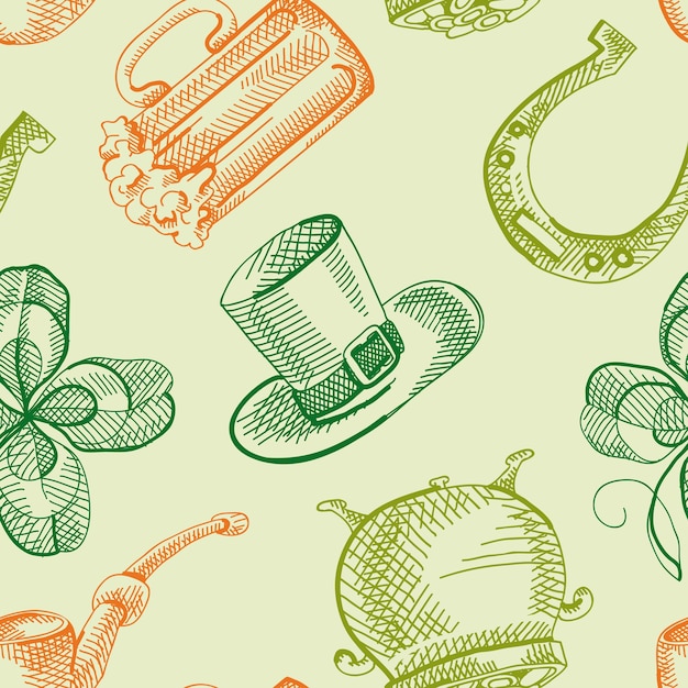 Coloridos patrones sin fisuras del día de San Patricio con símbolos tradicionales dibujados a mano y elementos festivos