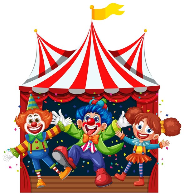 Los coloridos payasos del circo bajo la tienda a rayas