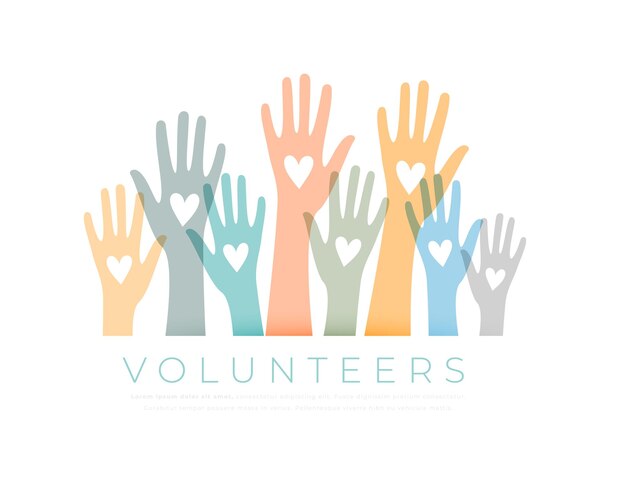coloridos voluntarios levantaron las manos concepto de fondo con el amor vector corazón