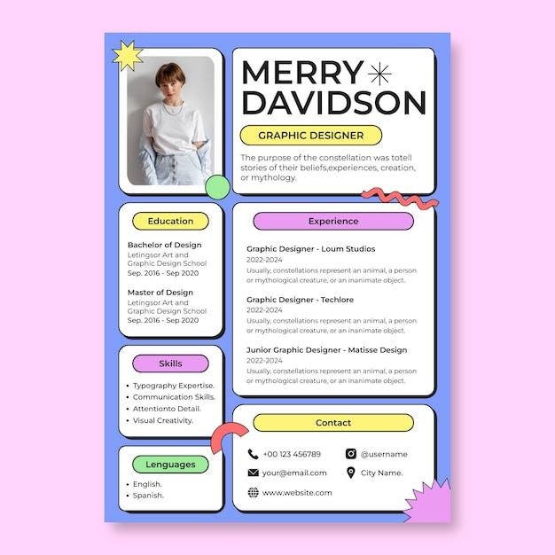 Colorosa plantilla de currículum de diseñador gráfico neo-brutalismo