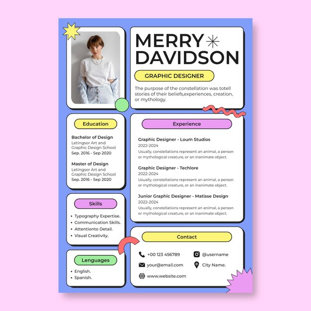 Colorosa plantilla de currículum de diseñador gráfico neo-brutalismo