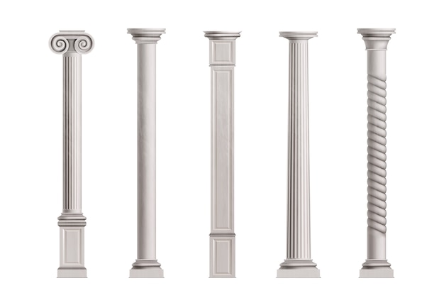 Columnas cúbicas y cilíndricas de mármol blanco piedra con superficie lisa y texturizada.