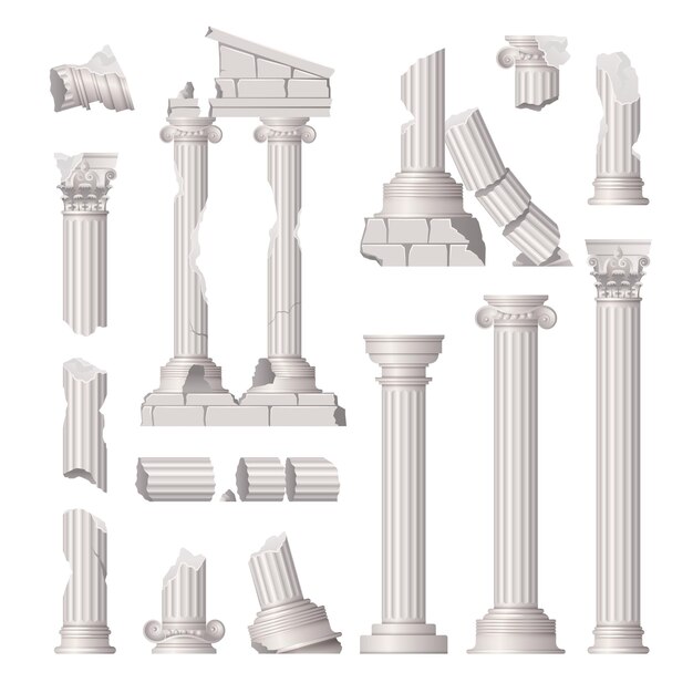 Columnas griegas antiguas dañadas ruinas conjunto realista ilustración vectorial aislada