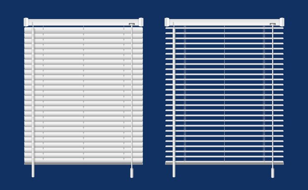 Columnas de ventanas realistas con vistas frontales aisladas de persianas blancas colgantes dibujadas y medio abiertas ilustración vectorial