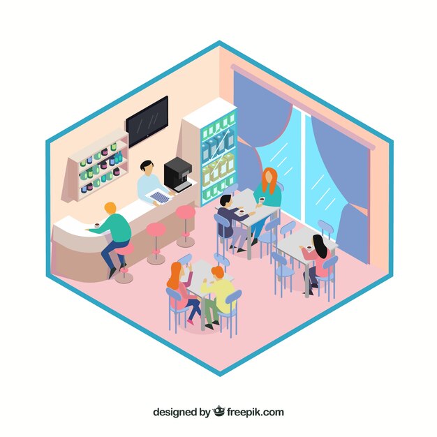Comedor de restaurante isométrico con clientes
