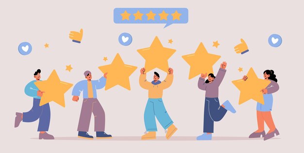 Comentarios, concepto de revisión del cliente. Valoración de la satisfacción del cliente del servicio, app o producto. Ilustración plana vectorial de la tasa de calidad con personas que tienen estrellas doradas y símbolos similares