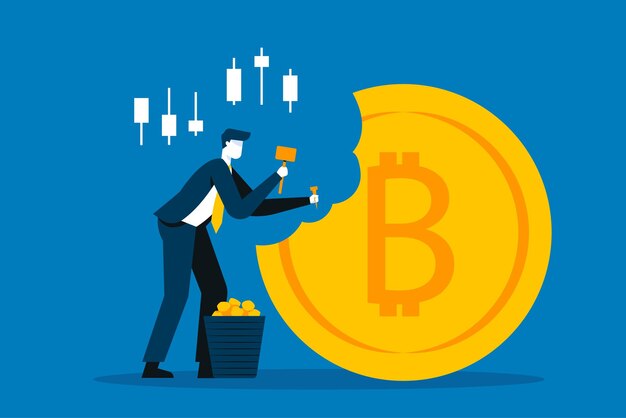El comerciante de éxito obtiene ganancias con el comercio de inversiones, el crecimiento del mercado de valores se enriquece con el concepto de comercio de criptografía, el empresario de confianza, el inversor con un maletín de dinero que se ejecuta en un gráfico de velas.