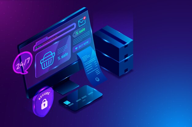 Comercio electrónico isométrico y cesta de la compra.