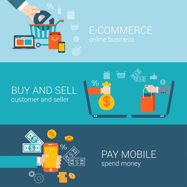 El comercio electrónico de pago móvil en línea compra y vende conceptos planos establecidos.