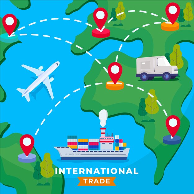 Comercio internacional dibujado a mano con barco.