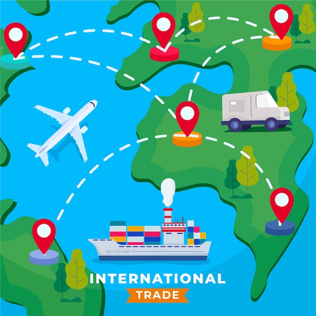 Comercio internacional dibujado a mano con barco.