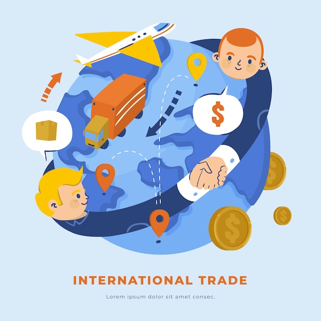 Comercio internacional dibujado a mano con empresarios.