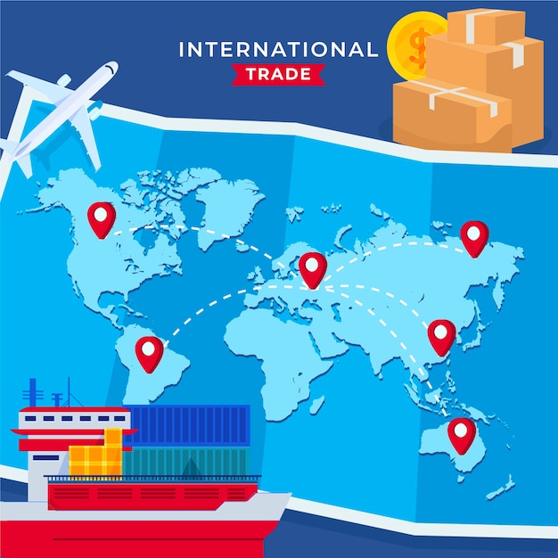 Comercio internacional dibujado a mano con mapa