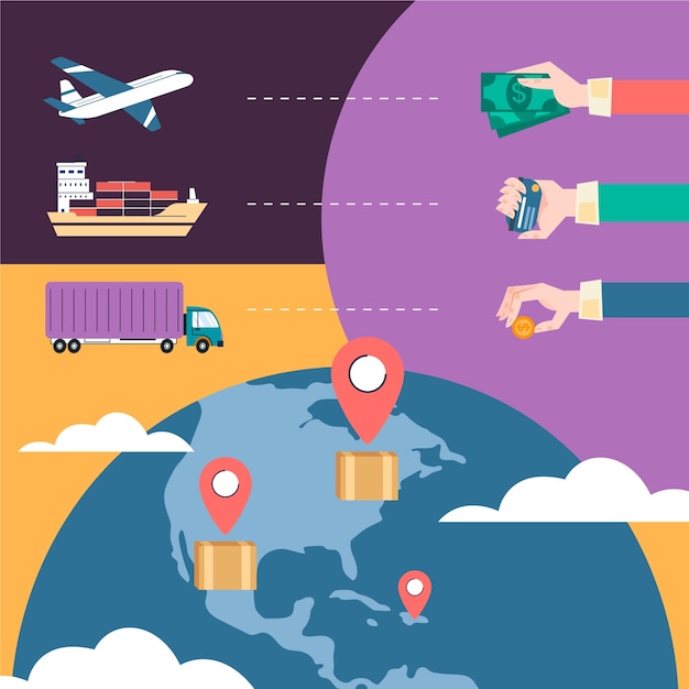 Comercio internacional de diseño plano dibujado a mano