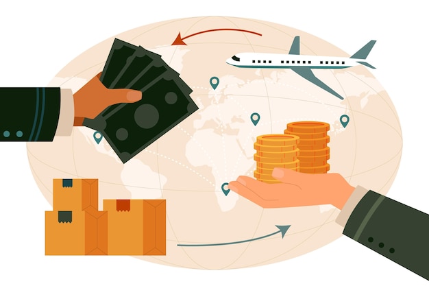 Comercio internacional de diseño plano con dinero.