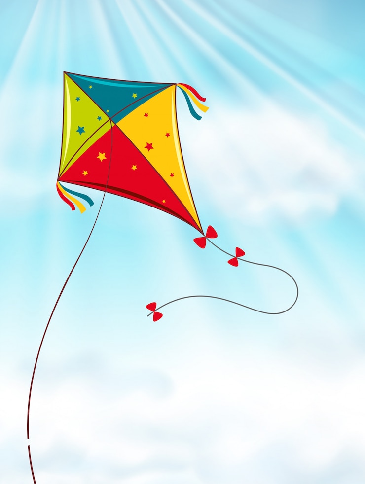Vector gratuito una cometa colorida volando en el cielo azul