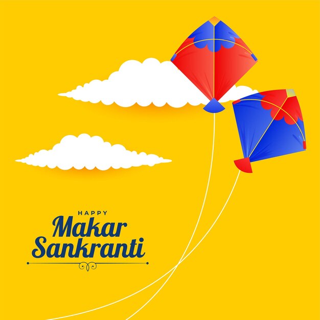 Cometas voladoras sobre fondo amarillo tarjeta makar sankranti