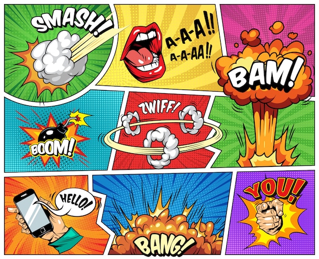 Comic composición brillante con explosivos rayos de semitono