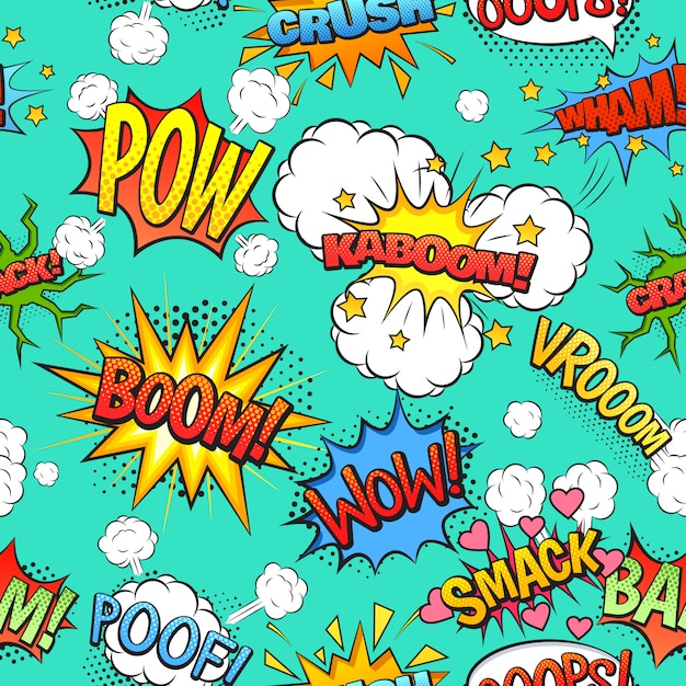 Comics discurso y exclamaciones boom wow burbujas de patrones sin fisuras con fondo verde brillante