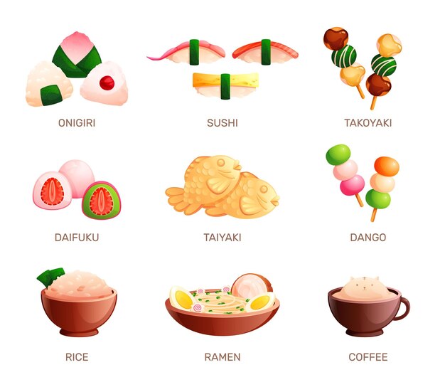 Comida asiática linda plana con arroz ramen sushi daifuku onigiri café dango takoyaki taiyaki ilustración vectorial aislada