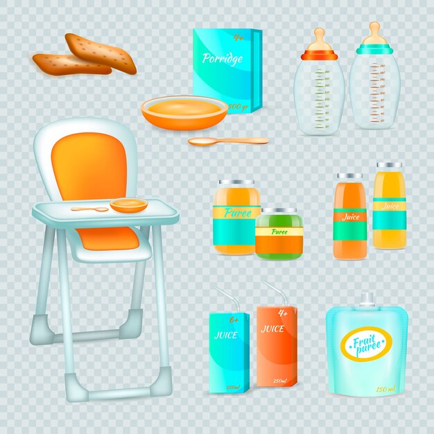 Comida para bebés colección transparente 3d realista de elementos esenciales aislados para alimentar a bebés con trona